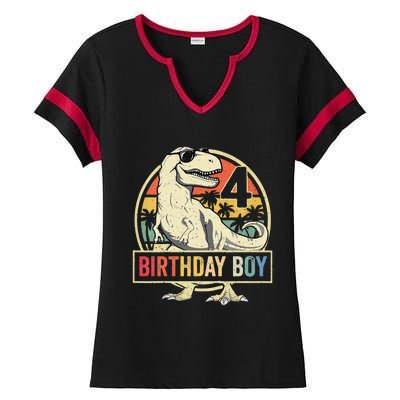 Kids 4 Year Old 4th Birthday Boy T Rex Dinosaur Ladies Halftime Notch Neck Tee