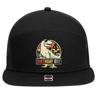 Kids 4 Year Old 4th Birthday Boy T Rex Dinosaur 7 Panel Mesh Trucker Snapback Hat