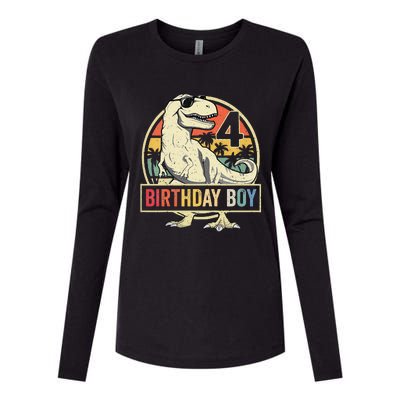 Kids 4 Year Old 4th Birthday Boy T Rex Dinosaur Womens Cotton Relaxed Long Sleeve T-Shirt