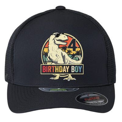 Kids 4 Year Old 4th Birthday Boy T Rex Dinosaur Flexfit Unipanel Trucker Cap