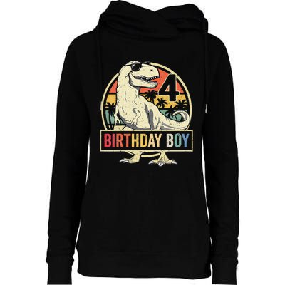 Kids 4 Year Old 4th Birthday Boy T Rex Dinosaur Womens Funnel Neck Pullover Hood