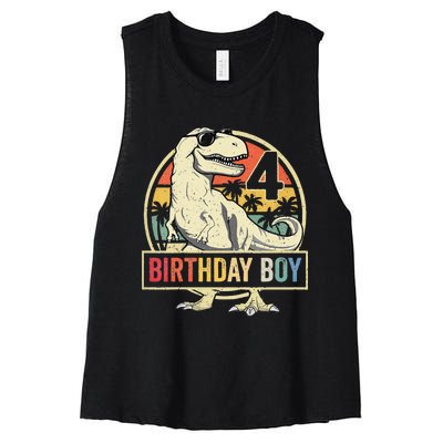 Kids 4 Year Old 4th Birthday Boy T Rex Dinosaur Women's Racerback Cropped Tank