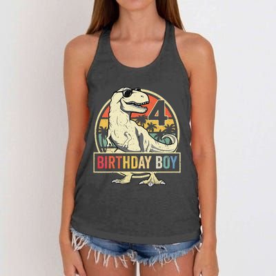 Kids 4 Year Old 4th Birthday Boy T Rex Dinosaur Women's Knotted Racerback Tank