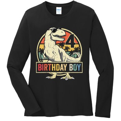 Kids 4 Year Old 4th Birthday Boy T Rex Dinosaur Ladies Long Sleeve Shirt