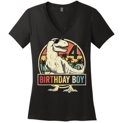 Kids 4 Year Old 4th Birthday Boy T Rex Dinosaur Women's V-Neck T-Shirt