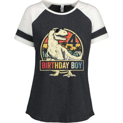 Kids 4 Year Old 4th Birthday Boy T Rex Dinosaur Enza Ladies Jersey Colorblock Tee