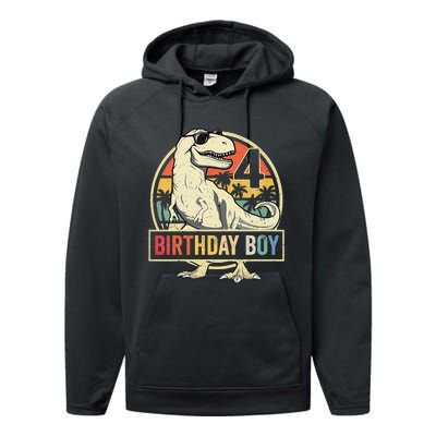 Kids 4 Year Old 4th Birthday Boy T Rex Dinosaur Performance Fleece Hoodie