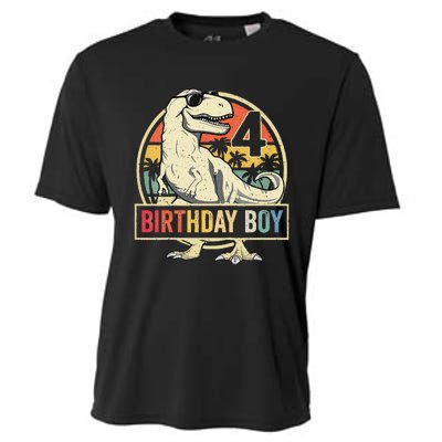 Kids 4 Year Old 4th Birthday Boy T Rex Dinosaur Cooling Performance Crew T-Shirt