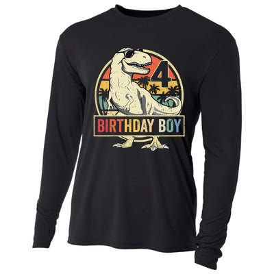 Kids 4 Year Old 4th Birthday Boy T Rex Dinosaur Cooling Performance Long Sleeve Crew