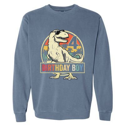 Kids 4 Year Old 4th Birthday Boy T Rex Dinosaur Garment-Dyed Sweatshirt