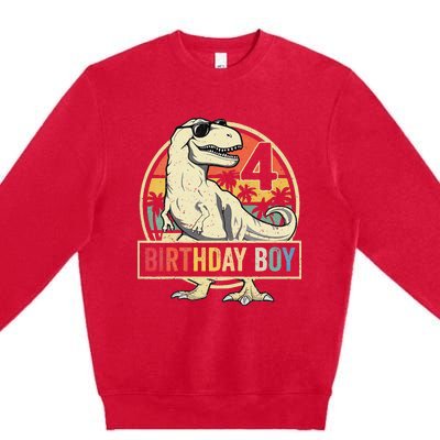 Kids 4 Year Old 4th Birthday Boy T Rex Dinosaur Premium Crewneck Sweatshirt