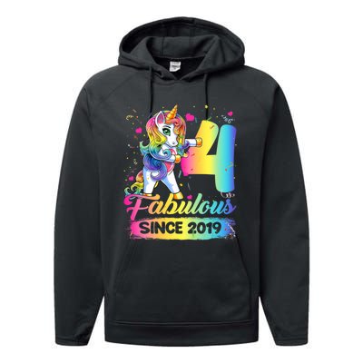 Kids 4 Years Old Unicorn Flossing 4th Birthday Girl Unicorn Party Performance Fleece Hoodie