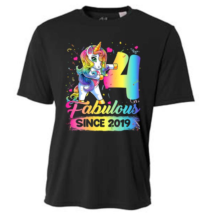 Kids 4 Years Old Unicorn Flossing 4th Birthday Girl Unicorn Party Cooling Performance Crew T-Shirt