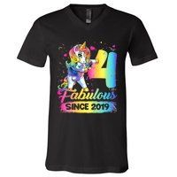 Kids 4 Years Old Unicorn Flossing 4th Birthday Girl Unicorn Party V-Neck T-Shirt