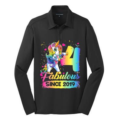 Kids 4 Years Old Unicorn Flossing 4th Birthday Girl Unicorn Party Silk Touch Performance Long Sleeve Polo