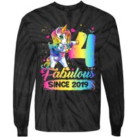 Kids 4 Years Old Unicorn Flossing 4th Birthday Girl Unicorn Party Tie-Dye Long Sleeve Shirt