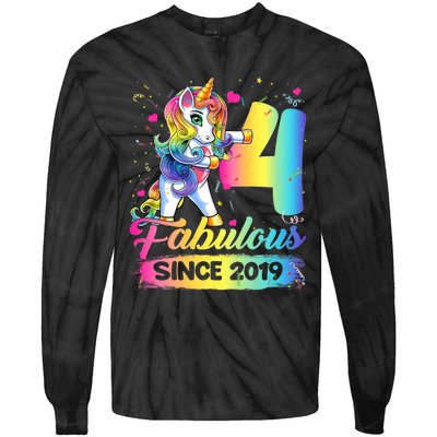 Kids 4 Years Old Unicorn Flossing 4th Birthday Girl Unicorn Party Tie-Dye Long Sleeve Shirt