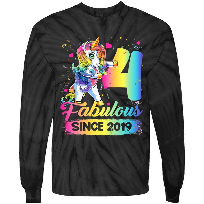 Kids 4 Years Old Unicorn Flossing 4th Birthday Girl Unicorn Party Tie-Dye Long Sleeve Shirt