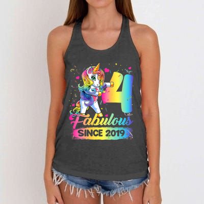 Kids 4 Years Old Unicorn Flossing 4th Birthday Girl Unicorn Party Women's Knotted Racerback Tank