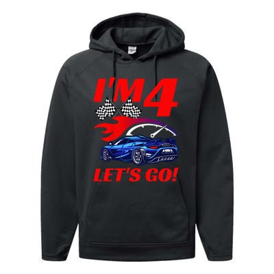 Kids 4 Year Old 4th Racing Racecar Birthday Party Performance Fleece Hoodie