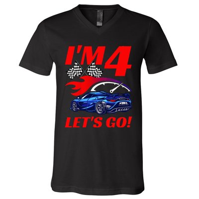 Kids 4 Year Old 4th Racing Racecar Birthday Party V-Neck T-Shirt