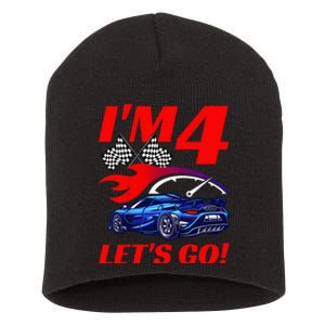 Kids 4 Year Old 4th Racing Racecar Birthday Party Short Acrylic Beanie