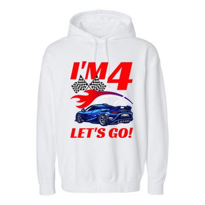 Kids 4 Year Old 4th Racing Racecar Birthday Party Garment-Dyed Fleece Hoodie