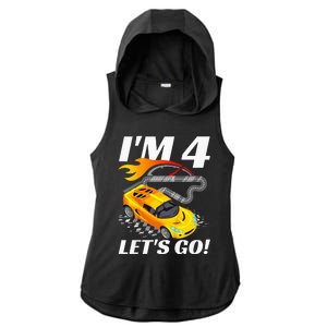 Kids 4 Year Old 4th Racing Racecar Birthday Party Ladies PosiCharge Tri-Blend Wicking Draft Hoodie Tank