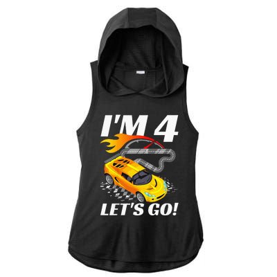 Kids 4 Year Old 4th Racing Racecar Birthday Party Ladies PosiCharge Tri-Blend Wicking Draft Hoodie Tank