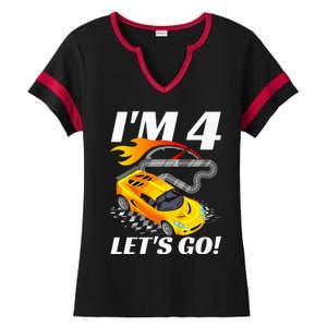 Kids 4 Year Old 4th Racing Racecar Birthday Party Ladies Halftime Notch Neck Tee