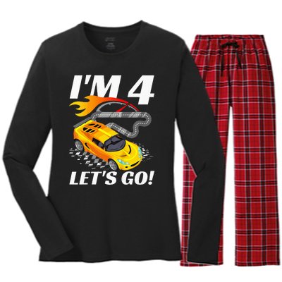 Kids 4 Year Old 4th Racing Racecar Birthday Party Women's Long Sleeve Flannel Pajama Set 