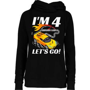 Kids 4 Year Old 4th Racing Racecar Birthday Party Womens Funnel Neck Pullover Hood