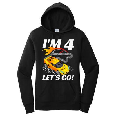 Kids 4 Year Old 4th Racing Racecar Birthday Party Women's Pullover Hoodie