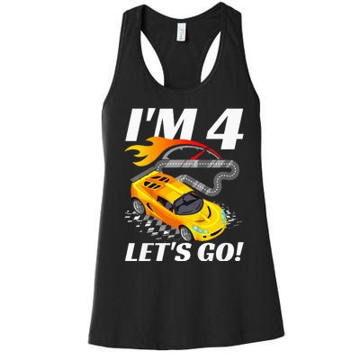 Kids 4 Year Old 4th Racing Racecar Birthday Party Women's Racerback Tank