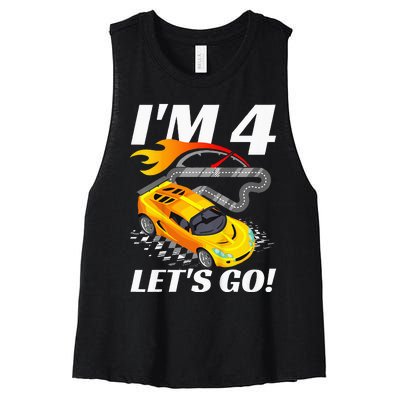 Kids 4 Year Old 4th Racing Racecar Birthday Party Women's Racerback Cropped Tank