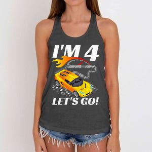 Kids 4 Year Old 4th Racing Racecar Birthday Party Women's Knotted Racerback Tank