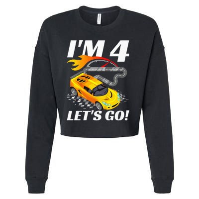 Kids 4 Year Old 4th Racing Racecar Birthday Party Cropped Pullover Crew