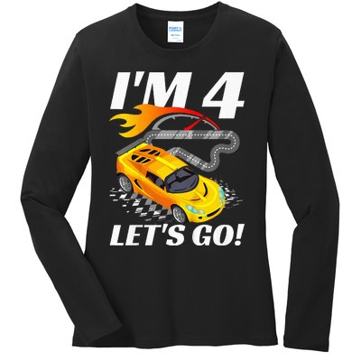 Kids 4 Year Old 4th Racing Racecar Birthday Party Ladies Long Sleeve Shirt