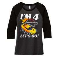 Kids 4 Year Old 4th Racing Racecar Birthday Party Women's Tri-Blend 3/4-Sleeve Raglan Shirt