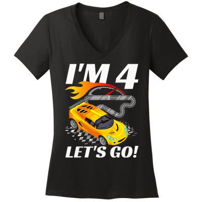 Kids 4 Year Old 4th Racing Racecar Birthday Party Women's V-Neck T-Shirt