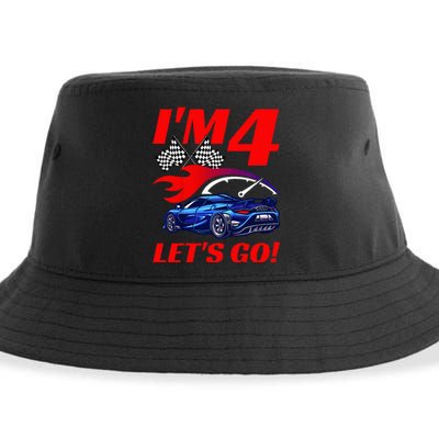 Kids 4 Year Old 4th Racing Racecar Birthday Party Sustainable Bucket Hat