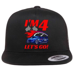 Kids 4 Year Old 4th Racing Racecar Birthday Party Flat Bill Trucker Hat