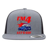 Kids 4 Year Old 4th Racing Racecar Birthday Party Flat Bill Trucker Hat