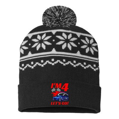 Kids 4 Year Old 4th Racing Racecar Birthday Party USA-Made Snowflake Beanie