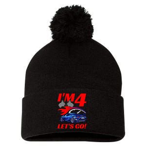 Kids 4 Year Old 4th Racing Racecar Birthday Party Pom Pom 12in Knit Beanie