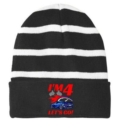 Kids 4 Year Old 4th Racing Racecar Birthday Party Striped Beanie with Solid Band