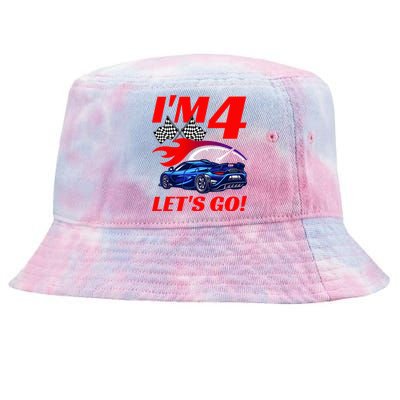 Kids 4 Year Old 4th Racing Racecar Birthday Party Tie-Dyed Bucket Hat