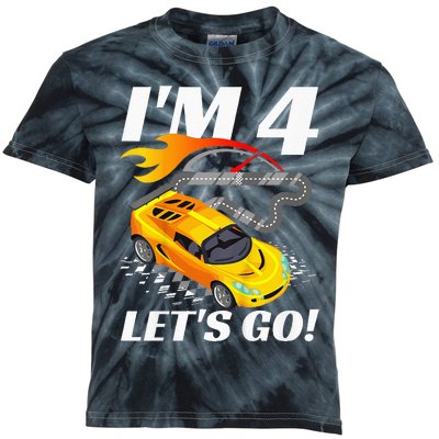 Kids 4 Year Old 4th Racing Racecar Birthday Party Kids Tie-Dye T-Shirt