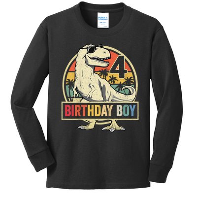 Kids 4 Year Old Shirt 4th Birthday Boy T Rex Dinosaur Kids Long Sleeve Shirt