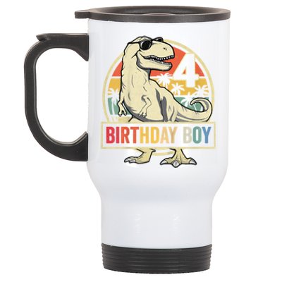 Kids 4 Year Old Shirt 4th Birthday Boy T Rex Dinosaur Stainless Steel Travel Mug